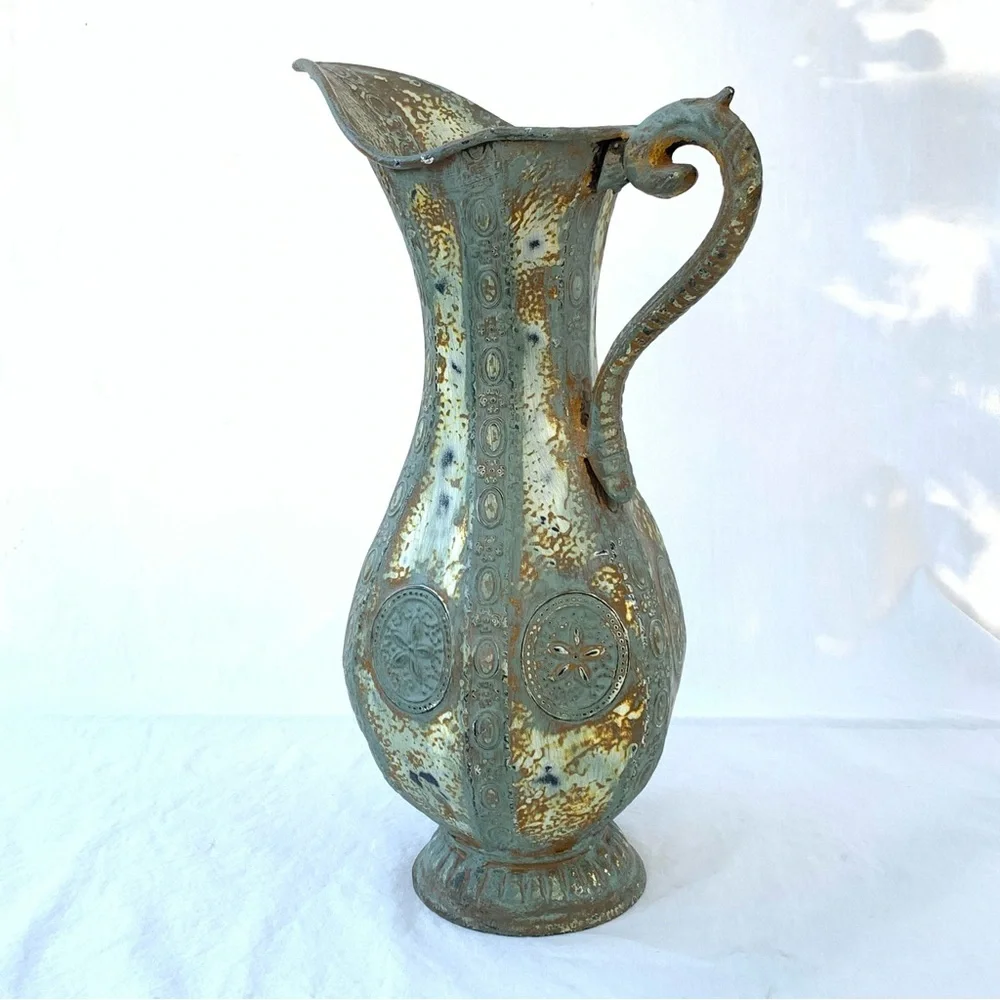 Rustic Textured Intricate Pattern Metal Footed Decorative Pitcher Vase